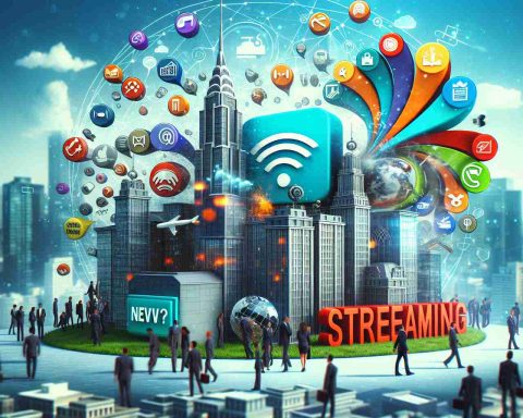 High-definition image showcasing a conceptual design of a new streaming service emerging from a fictional media empire in trouble. No specific individual or personality is to be depicted. Include elements like streaming service logo, icons of various genres, and a backdrop of a giant media corporation building.