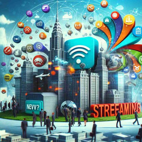 High-definition image showcasing a conceptual design of a new streaming service emerging from a fictional media empire in trouble. No specific individual or personality is to be depicted. Include elements like streaming service logo, icons of various genres, and a backdrop of a giant media corporation building.