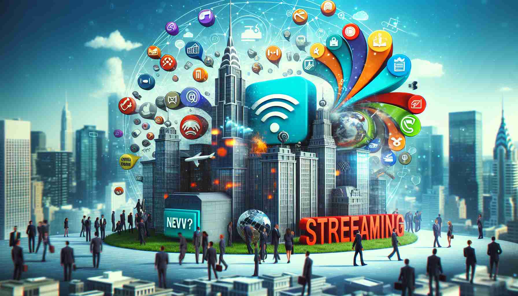 High-definition image showcasing a conceptual design of a new streaming service emerging from a fictional media empire in trouble. No specific individual or personality is to be depicted. Include elements like streaming service logo, icons of various genres, and a backdrop of a giant media corporation building.