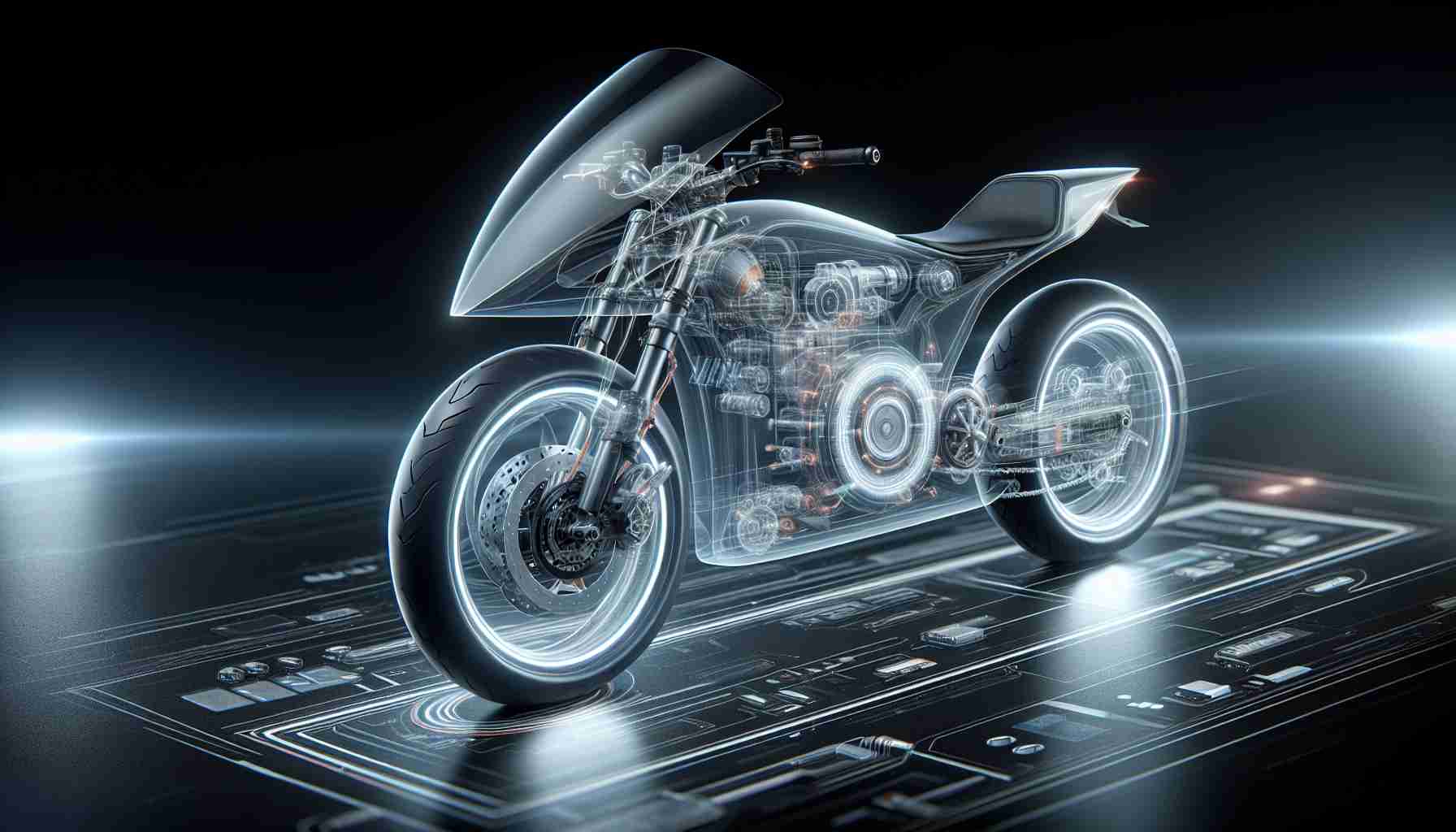 A realistic high-definition image showcasing an innovative design of an electric motorcycle. The image should highlight the distinctive features of the electric motorcycle, such as sleek design, futuristic characteristics, energy-efficient systems, and innovative technologies integrated within. The concept should reflect a forward-thinking approach to environmental sustainability as well as modern design aesthetics.