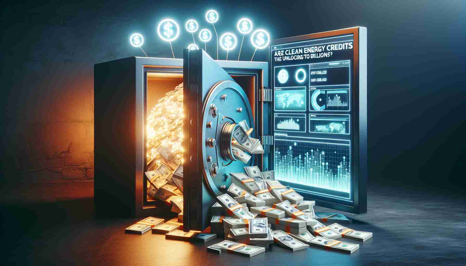 Realistic high-definition depiction of the concept 'Are clean energy credits the key to unlocking billions?'. Visualize this in the form of an abstract representation of an unlocked safe with glowing energy symbols as currency pouring out along with documents showcasing detailed information about clean energy credits. Let the scene evoke a sense of unveiling hidden details about this concept.