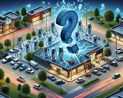 Detailed high-definition image illustrating the unexpected and surprising reason behind the proliferation of electric vehicle (EV) charging stations. The image illustrates a metaphorical depiction of a secret, with a large question mark and electricity symbols hovering over a variety of EV stations. Include depictions of different charging station models set in different surroundings such as urban landscapes, shopping malls, and neighborhood streets.