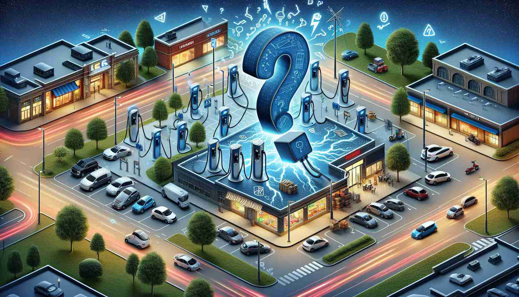 Detailed high-definition image illustrating the unexpected and surprising reason behind the proliferation of electric vehicle (EV) charging stations. The image illustrates a metaphorical depiction of a secret, with a large question mark and electricity symbols hovering over a variety of EV stations. Include depictions of different charging station models set in different surroundings such as urban landscapes, shopping malls, and neighborhood streets.