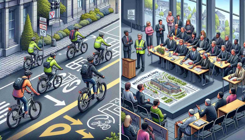 Detailed and realistic high-definition illustration showcasing the process of regulating electronic bicycles. The scene includes safety measures like cyclists wearing helmets and high-visibility clothing, demonstrating good riding habits such as sticking to bike lanes. Another part of the image displays a public consultation process, featuring a group of diverse individuals attending a town hall meeting where they discuss and voice their concerns about e-bike regulation. The setting should manifest urban environment.