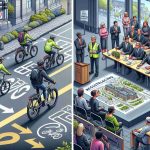 Detailed and realistic high-definition illustration showcasing the process of regulating electronic bicycles. The scene includes safety measures like cyclists wearing helmets and high-visibility clothing, demonstrating good riding habits such as sticking to bike lanes. Another part of the image displays a public consultation process, featuring a group of diverse individuals attending a town hall meeting where they discuss and voice their concerns about e-bike regulation. The setting should manifest urban environment.