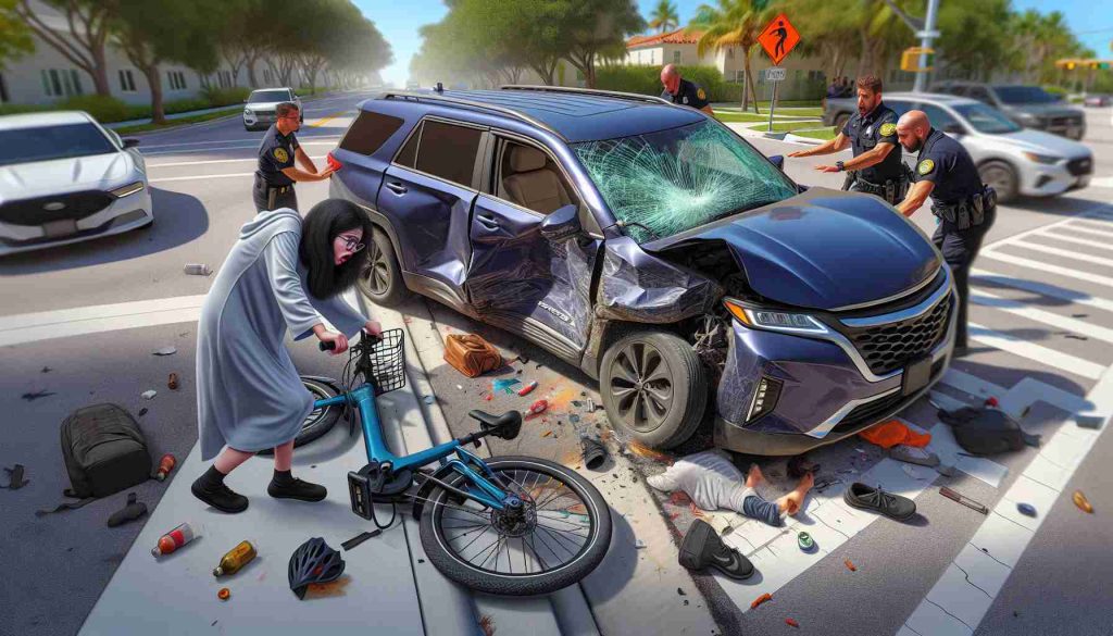 Detailed and high-definition image depicting an incident between an electric bicycle rider and an SUV in West Palm Beach. The scene shows the aftermath of the accident with wreckage, but no graphic visuals of injuries. The rider, a Middle-Eastern woman in her mid-30s, is visibly shocked and surrounded by passersby who are assisting her. The SUV, navy blue in color, is dented showing the impact of the collision.