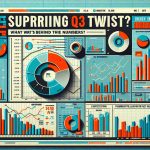 Generate a realistic high definition image of a stylized graphic illustrating the Q3 financial figures for a generic energy company, with an unexpected twist in their results. These financial figures could include line graphs showing quarterly earnings and revenue, bar charts comparing performance with past years, and pie charts showing allocation of resources or expenditure. Please also incorporate text such as 'Surprising Q3 Twist' and 'What's Behind the Numbers?' in the design.