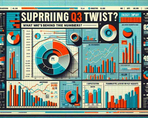 Generate a realistic high definition image of a stylized graphic illustrating the Q3 financial figures for a generic energy company, with an unexpected twist in their results. These financial figures could include line graphs showing quarterly earnings and revenue, bar charts comparing performance with past years, and pie charts showing allocation of resources or expenditure. Please also incorporate text such as 'Surprising Q3 Twist' and 'What's Behind the Numbers?' in the design.