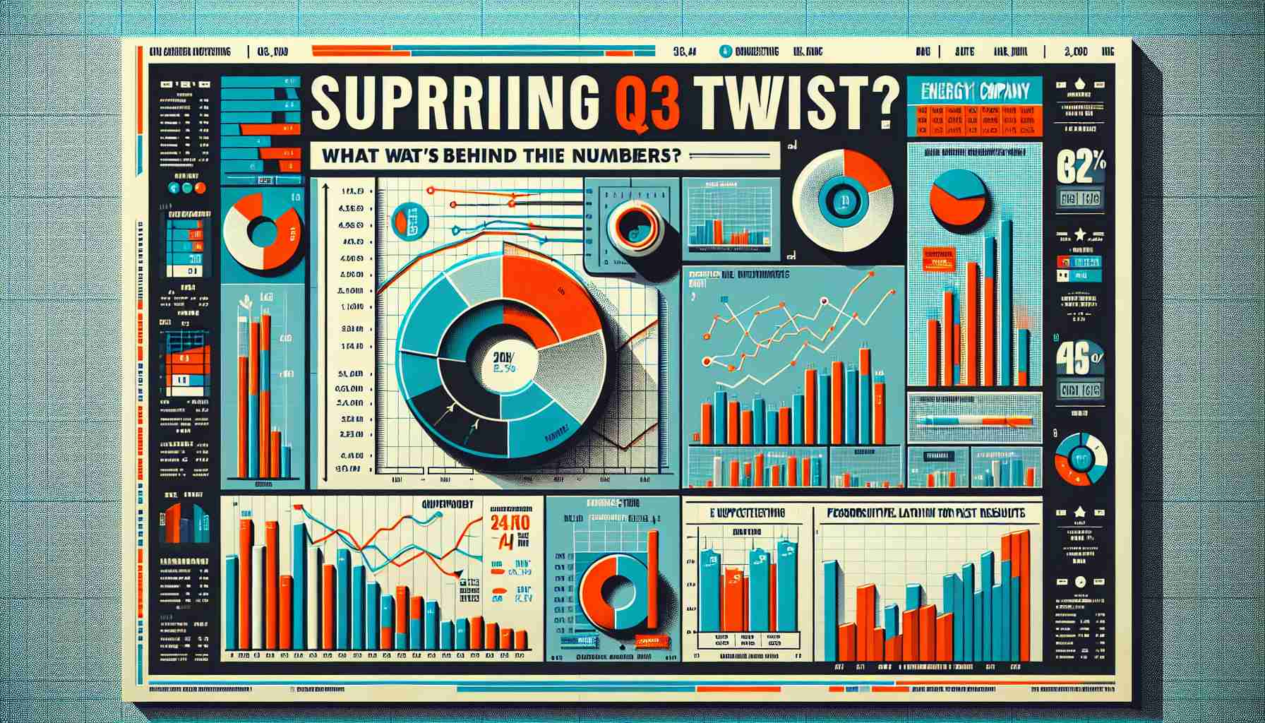 Generate a realistic high definition image of a stylized graphic illustrating the Q3 financial figures for a generic energy company, with an unexpected twist in their results. These financial figures could include line graphs showing quarterly earnings and revenue, bar charts comparing performance with past years, and pie charts showing allocation of resources or expenditure. Please also incorporate text such as 'Surprising Q3 Twist' and 'What's Behind the Numbers?' in the design.