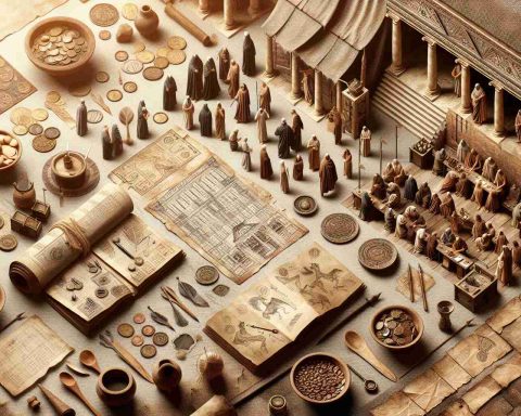 Create a realistic HD photo illustrating the concept of the world's first stock exchange. Include elements such as a historical setting, ancient documents, trading symbols, and possibly an old marketplace full of merchants engaged in their trade.