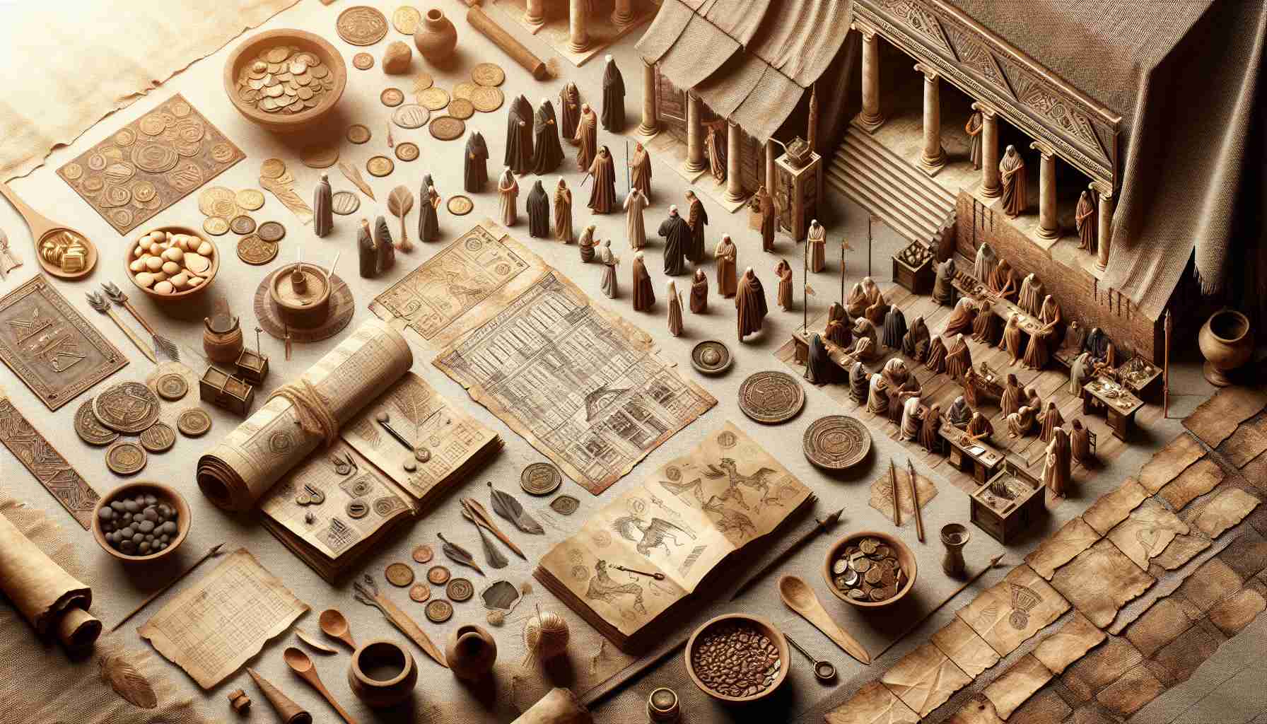 Create a realistic HD photo illustrating the concept of the world's first stock exchange. Include elements such as a historical setting, ancient documents, trading symbols, and possibly an old marketplace full of merchants engaged in their trade.