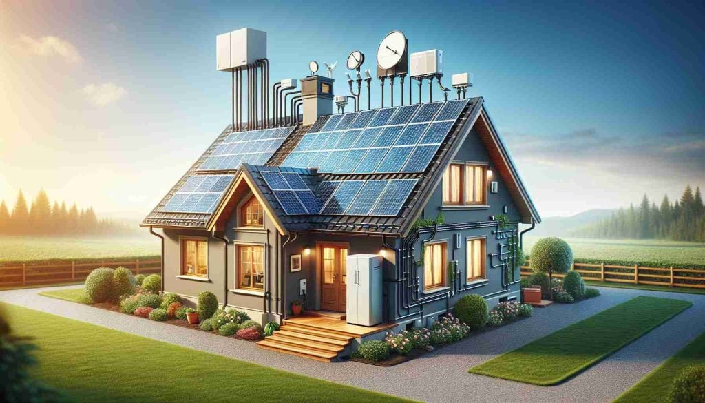 Create a high-resolution, realistic image that symbolizes the revolution of home energy usage through solar power. This image should depict a household that is powered by solar energy, featuring solar panels installed on the roof, connected to a power storage system. Illustrate the concepts of energy savings and environment-friendly technology. Remember to include various elements usually found in a house environment like windows, doors, garden etc. The sky could be clear and blue to reflect the source of the energy. This image is meant to visually unlock the secret to effortless energy savings.