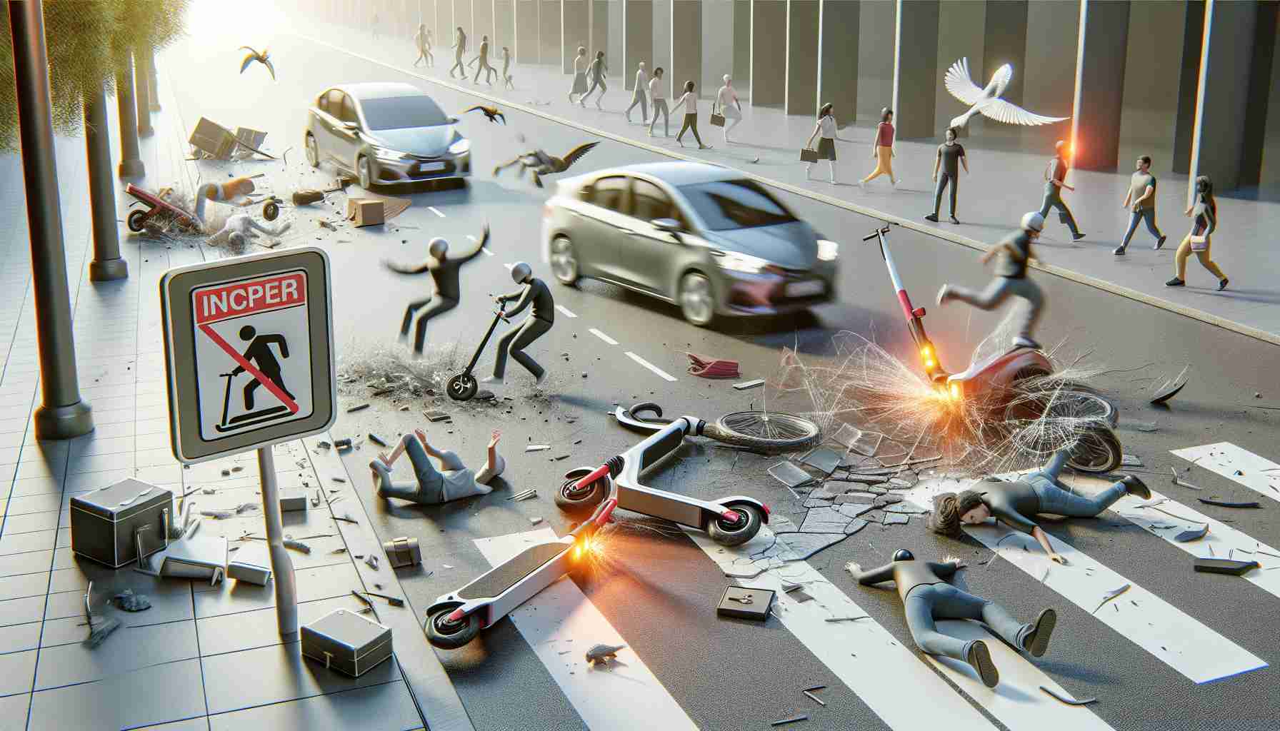 Render an image in high definition showcasing the increase in accidents related to electric scooters. Show multiple scenes that depict various accident scenarios to emphasize the risk: an electric scooter colliding with a pedestrian, a scooter rider falling over a poorly maintained road, and a scooter crashing into an open car door. Alongside these visuals, include banners or placards calling for improved safety measures for electric scooters such as better infrastructure, clear regulations, and use of safety gear by riders.