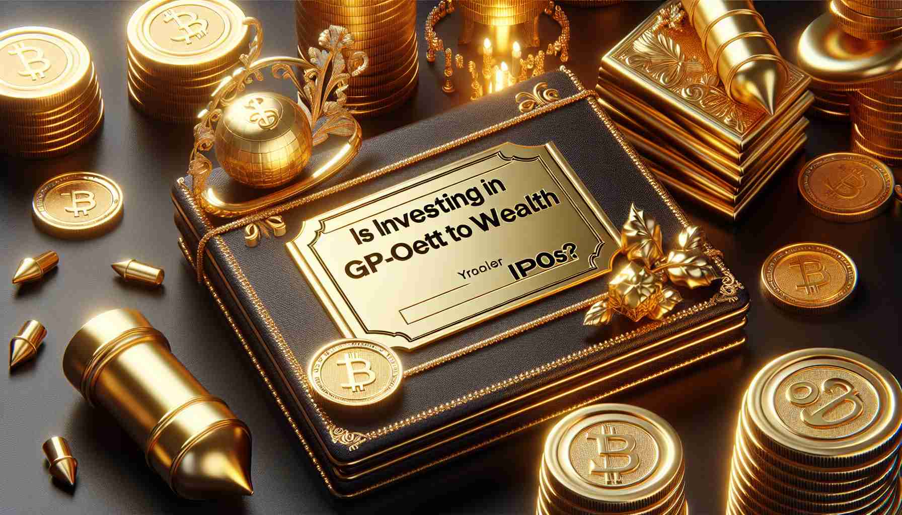 Realistic high-definition image featuring the metaphorical representation of the question 'Is Investing in IPOs Your Golden Ticket to Wealth?'. The scene should depict a golden ticket surrounded by symbols of wealth such as stacks of gold coins and luxurious items. On the golden ticket, the phrase 'Investing in IPOs?' should be clearly written.