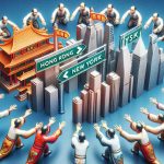 Realistic, high-definition image depicting the concept of a power shift, symbolized by Chinese corporation embracing the stock market for initial public offerings. It can feature notional figures representing these businesses, painted in traditional Chinese attire, reaching out to symbols of Hong Kong and New York. The symbols of the cities can be distinguished by an Asian market place and a Western metropolis respectively.