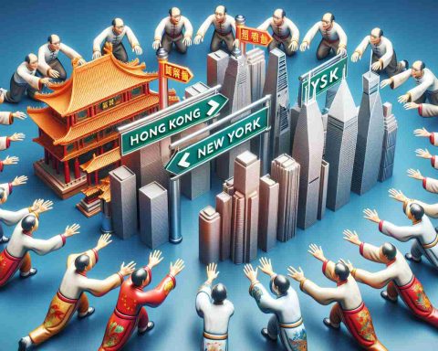 Realistic, high-definition image depicting the concept of a power shift, symbolized by Chinese corporation embracing the stock market for initial public offerings. It can feature notional figures representing these businesses, painted in traditional Chinese attire, reaching out to symbols of Hong Kong and New York. The symbols of the cities can be distinguished by an Asian market place and a Western metropolis respectively.