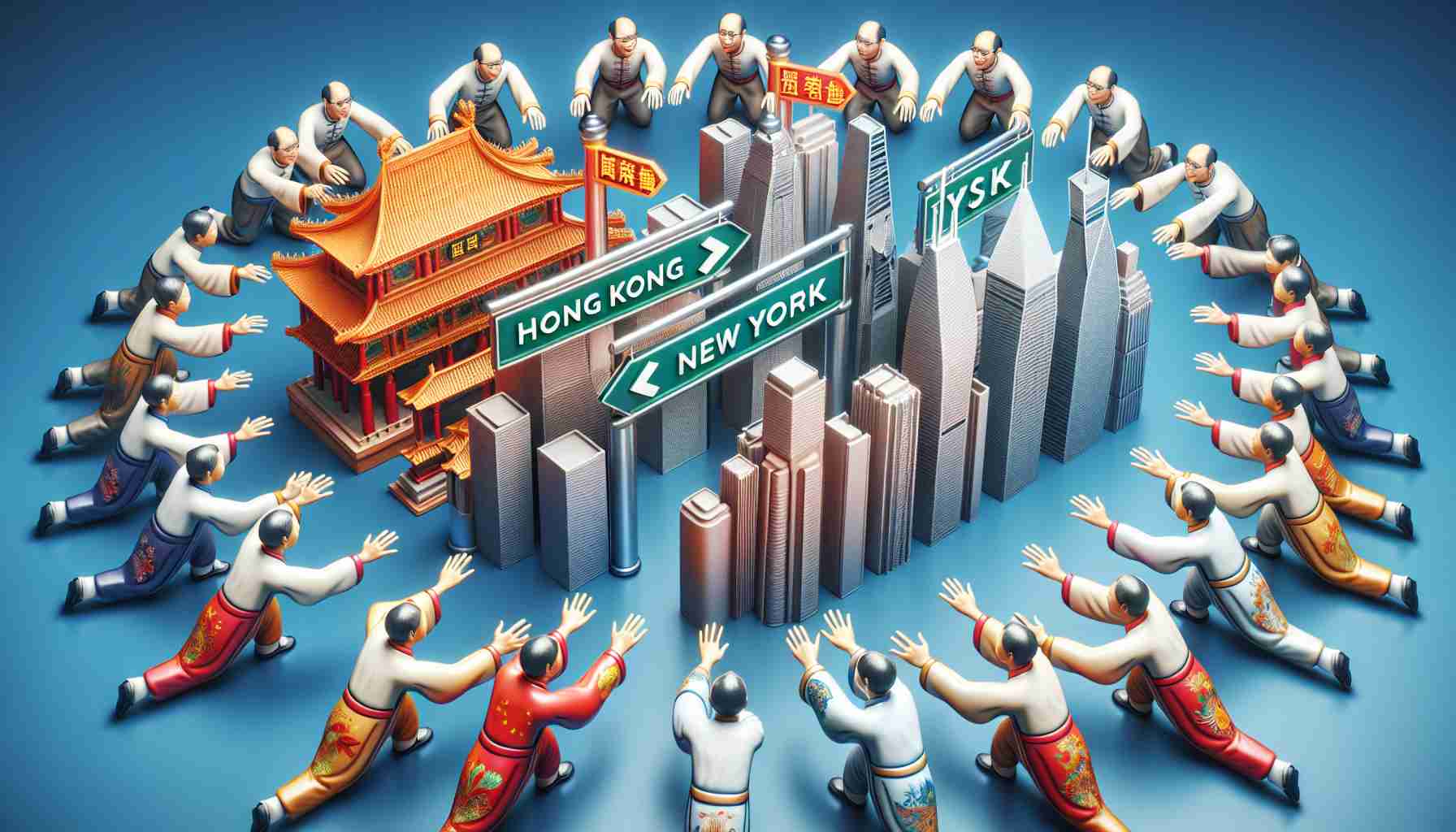 Realistic, high-definition image depicting the concept of a power shift, symbolized by Chinese corporation embracing the stock market for initial public offerings. It can feature notional figures representing these businesses, painted in traditional Chinese attire, reaching out to symbols of Hong Kong and New York. The symbols of the cities can be distinguished by an Asian market place and a Western metropolis respectively.