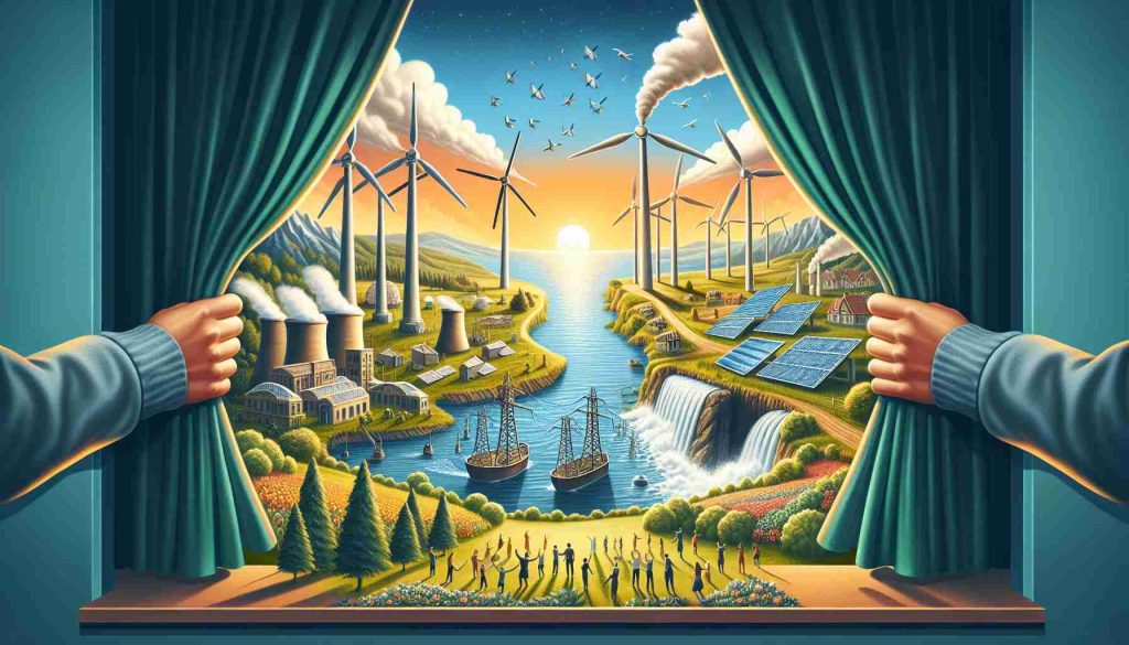 Create a high-definition, realistic picture that illustrates the theme 'New Opportunities Unveiled for Renewable Energy Advancements'. The image should include symbols of renewable energy such as wind turbines, solar panels, and hydroelectric dams. It should contrast the old non-renewable energy methods with these new ones, maybe showing them replacing old industries on a landscape. To show the 'unveiling', a curtain pull or a sunrise could be used. Also, in this image make sure to present diversity by including people of different genders and descents working together on these renewable energy projects.