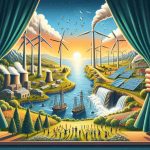 Create a high-definition, realistic picture that illustrates the theme 'New Opportunities Unveiled for Renewable Energy Advancements'. The image should include symbols of renewable energy such as wind turbines, solar panels, and hydroelectric dams. It should contrast the old non-renewable energy methods with these new ones, maybe showing them replacing old industries on a landscape. To show the 'unveiling', a curtain pull or a sunrise could be used. Also, in this image make sure to present diversity by including people of different genders and descents working together on these renewable energy projects.