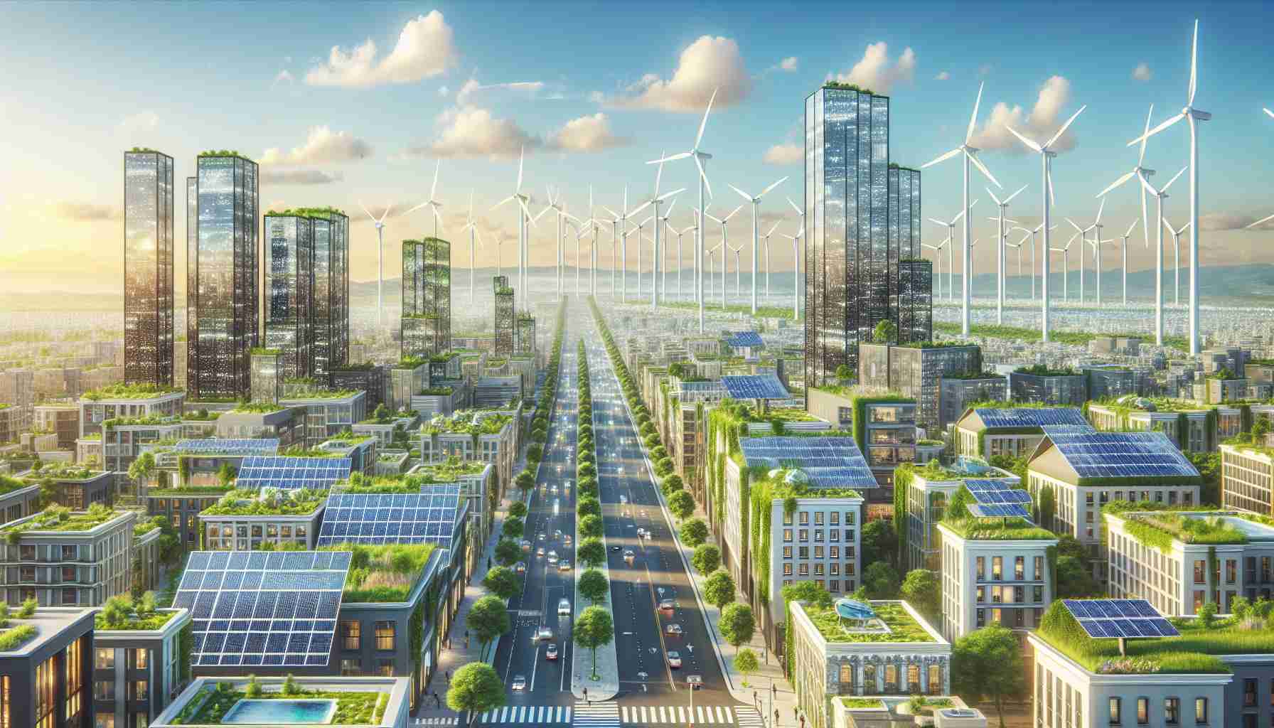 Generate a high-definition realistic image showcasing a new sustainable energy initiative in a city environment. Picture a futuristic cityscape in Austinburg with multiple solar panels glistening in the sun. Think of wind turbines majestically dotting the distant horizon, and a smart grid system monitoring energy usage. The buildings are eco-friendly, with vegetation-covered facades and rainwater harvesting facilities. On the streets, citizens of different descents like Caucasian, South Asian, Hispanic, and Black are interacting and engaging with this green infrastructure. The scene radiates a vibrant, sustainable future.