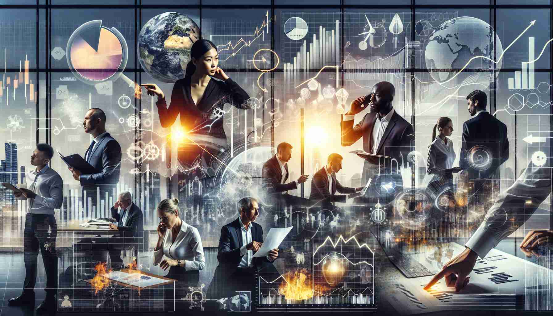 An high-definition image depicting a dramatic representation of innovative investors reshaping the energy market. There are graphs and charts conveying the rise and fall of various energy sectors, as well as symbolic representations of renewable energy resources, such as solar panels and wind turbines. The investors are diverse, including an Asian woman intensely reading a document, a black man pointing at a digital screen, and a Caucasian man in deep discussion on a phone call. This image is set in a modern corporate setting, with large windows displaying a cityscape in the background.