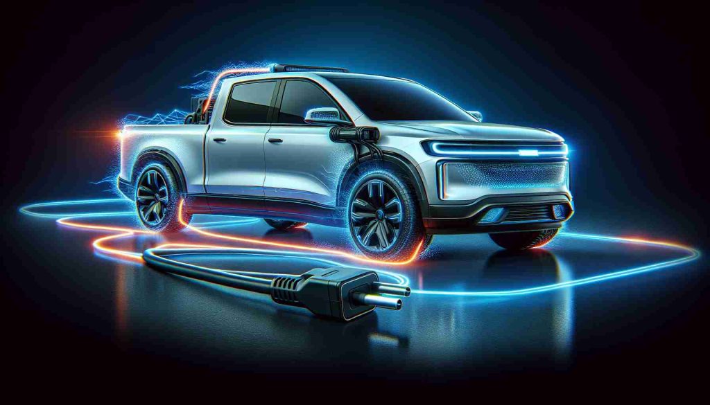 Generate a high-definition image of a modern and affordable electric pickup truck with cutting-edge features, branded by a renowned automobile manufacturing company.