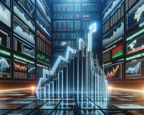 A high-definition, realistic representation of a stock chart showing a significant upward trend against a backdrop of multiple displays showcasing financial data. The displays bear headlines questioning if the rapid rise is sustainable, with phrases like 'Skyrocketing Stock - Sustainable or Bubble?' and 'Unprecedented Growth - Is it Too Good to be True?'. The atmosphere is filled with suspense and uncertainty.