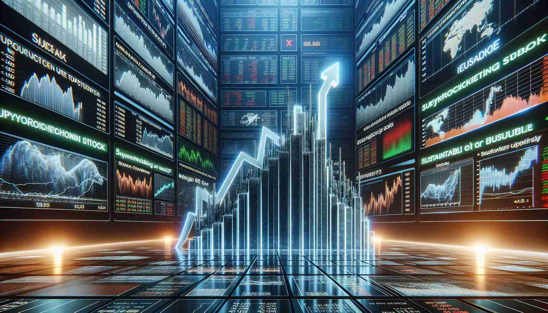 A high-definition, realistic representation of a stock chart showing a significant upward trend against a backdrop of multiple displays showcasing financial data. The displays bear headlines questioning if the rapid rise is sustainable, with phrases like 'Skyrocketing Stock - Sustainable or Bubble?' and 'Unprecedented Growth - Is it Too Good to be True?'. The atmosphere is filled with suspense and uncertainty.