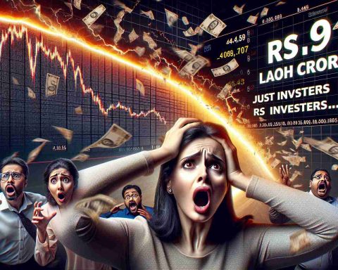 A high-definition image that depicts a drastic market movement causing investors to lose Rs 9 Lakh Crore. The image should include elements such as a sharply declining graph, the financial sum of Rs 9 Lakh Crore and worried investors witnessing the steep fall. Add a headline or text display in bold that reads 'This Shocking Market Movement Just Cost Investors Rs 9 Lakh Crore.' The overall expression should be one of shock and concern, emphasising the sizable amount lost.