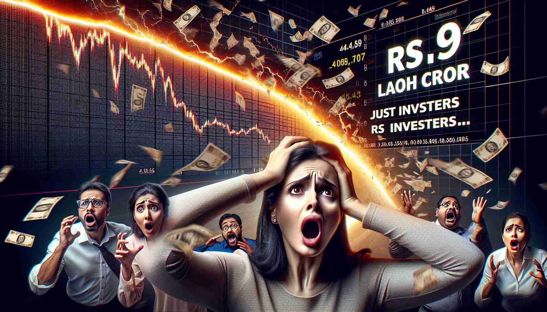 A high-definition image that depicts a drastic market movement causing investors to lose Rs 9 Lakh Crore. The image should include elements such as a sharply declining graph, the financial sum of Rs 9 Lakh Crore and worried investors witnessing the steep fall. Add a headline or text display in bold that reads 'This Shocking Market Movement Just Cost Investors Rs 9 Lakh Crore.' The overall expression should be one of shock and concern, emphasising the sizable amount lost.