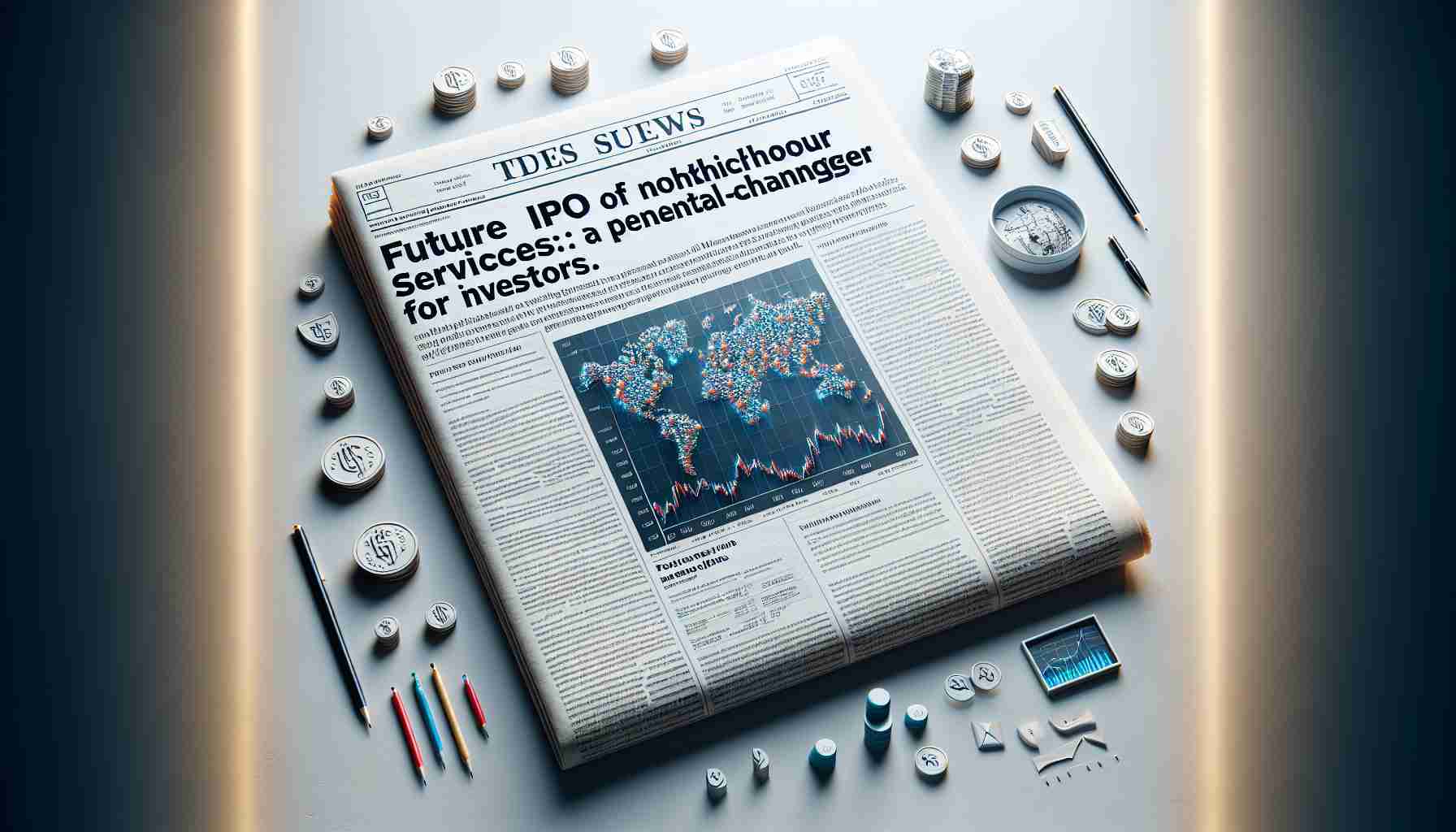 Realistic HD illustration of a newspaper article with the headline 'Future IPO of Noteworthy Financial Services: A Potential Game-Changer for Investors'. Ensure the page includes text paragraphs, stock market graphs, and related business icons.