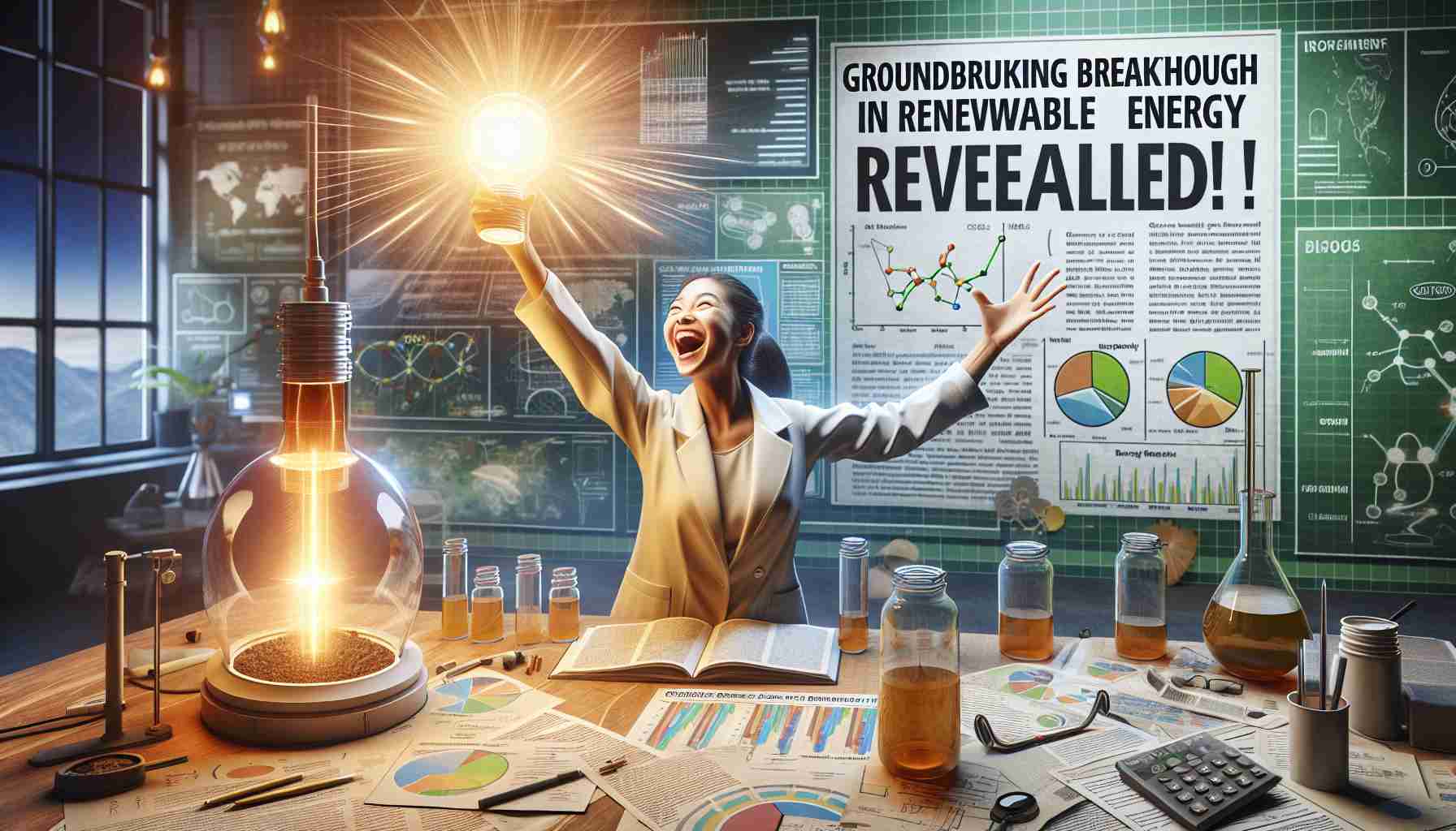 A realistic, high-definition image capturing the essence of a groundbreaking breakthrough in the field of renewable energy. The scene could entail a passionate scientist, of South Asian descent and female gender, joyously holding up a groundbreaking device capable of deriving limitless energy from solar power. Charts and diagrams related to the field of renewable energy are strewn about in the background. A headline is visible that reads, 'Groundbreaking Breakthrough in Renewable Energy Revealed!'. The environment denotes a modern, technologically advanced laboratory setting filled with innovative technologies and devices.