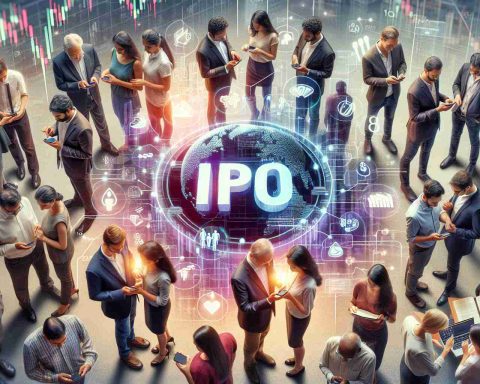 Realistic, high-definition photo portraying the concept of an Initial Public Offering (IPO) being the talk of the town in India, as metaphorically represented by a group of diverse individuals variously engaged in discussion while checking their smartphones, with a visible stock market ticker in the background.