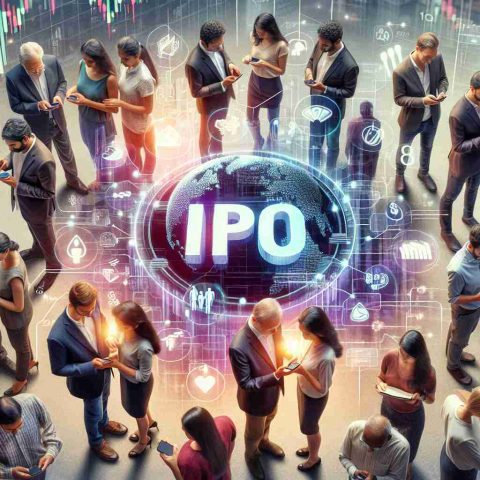 Realistic, high-definition photo portraying the concept of an Initial Public Offering (IPO) being the talk of the town in India, as metaphorically represented by a group of diverse individuals variously engaged in discussion while checking their smartphones, with a visible stock market ticker in the background.