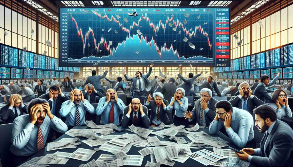 Image of a stock market scenario showing a sudden plunge. The setting could be a busy trading floor strewn with papers, large screens displaying downward trending charts and graphs, symbolizing the instability of the market. Traders, main characters in this scenario, could be frazzled; fear, panic, despair drawn on their faces. Some traders could be middle-aged Caucasian men, others could be young Hispanic women, some could be middle-eastern men in their primes, and others could be elderly South-Asian women. All expressing equal degrees of alarm. The overall atmosphere is one of urgency and high stress.