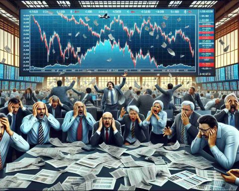 Image of a stock market scenario showing a sudden plunge. The setting could be a busy trading floor strewn with papers, large screens displaying downward trending charts and graphs, symbolizing the instability of the market. Traders, main characters in this scenario, could be frazzled; fear, panic, despair drawn on their faces. Some traders could be middle-aged Caucasian men, others could be young Hispanic women, some could be middle-eastern men in their primes, and others could be elderly South-Asian women. All expressing equal degrees of alarm. The overall atmosphere is one of urgency and high stress.