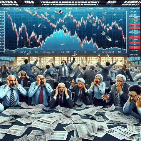 Image of a stock market scenario showing a sudden plunge. The setting could be a busy trading floor strewn with papers, large screens displaying downward trending charts and graphs, symbolizing the instability of the market. Traders, main characters in this scenario, could be frazzled; fear, panic, despair drawn on their faces. Some traders could be middle-aged Caucasian men, others could be young Hispanic women, some could be middle-eastern men in their primes, and others could be elderly South-Asian women. All expressing equal degrees of alarm. The overall atmosphere is one of urgency and high stress.