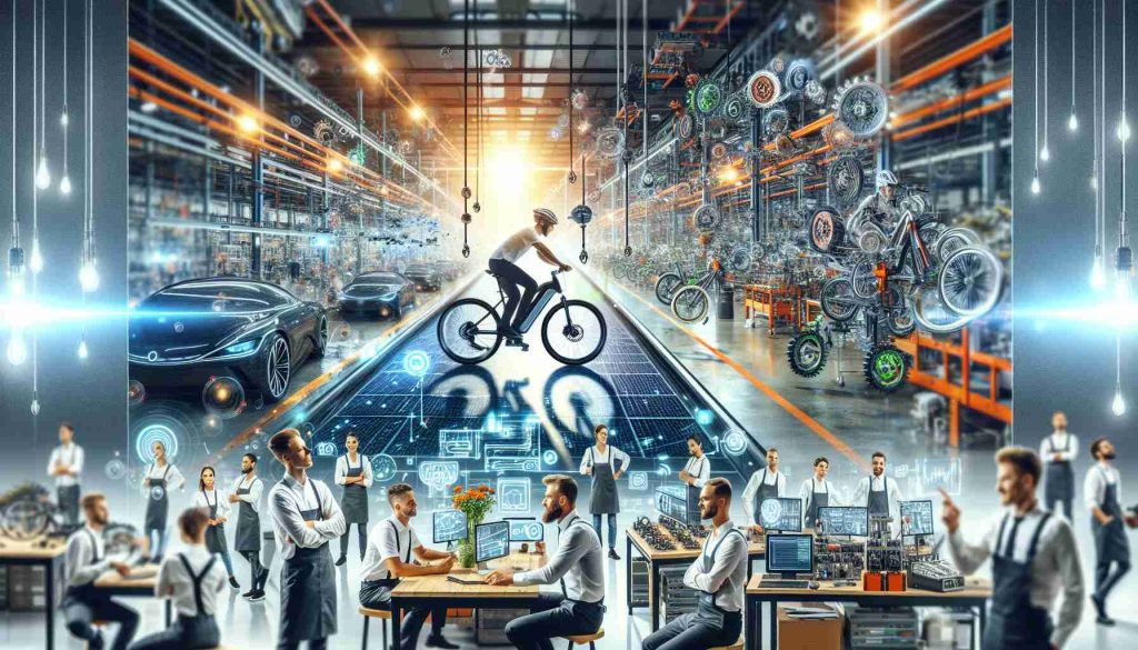 A high-resolution image of a positive outlook on the future of the e-bike industry. It includes a dynamic depiction of an e-bike production line filled with innovation; the background shows a large warehouse filled with high-tech machinery and skilled engineers of various descents and genders working with enthusiasm. There's also a clear focus on sustainable and energy-efficient technologies, shown by the electronic components and chargers powered by solar energy. The overall atmosphere is upbeat, reflecting the excitement and potential for expansion of the e-bike industry.