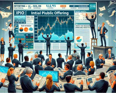 Detailed illustration of a thrilling business scene displaying an initial public offering (IPO) announcement that is generating a lot of excitement among market analysts. It could include a large screen showing the stock market ticker with the new company's name, analysts studying charts and graphs, investors eagerly awaiting information, and a headline in a newspaper or news website announcing the IPO. The characters present can include a mix of male and female analysts of various descents such as Caucasian, Black, Hispanic, and Middle-Eastern.