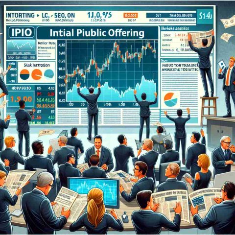 Detailed illustration of a thrilling business scene displaying an initial public offering (IPO) announcement that is generating a lot of excitement among market analysts. It could include a large screen showing the stock market ticker with the new company's name, analysts studying charts and graphs, investors eagerly awaiting information, and a headline in a newspaper or news website announcing the IPO. The characters present can include a mix of male and female analysts of various descents such as Caucasian, Black, Hispanic, and Middle-Eastern.