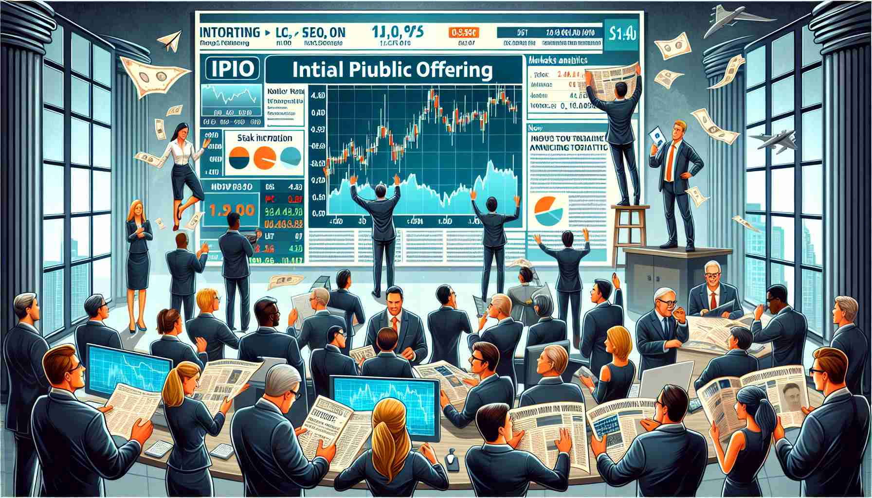 Detailed illustration of a thrilling business scene displaying an initial public offering (IPO) announcement that is generating a lot of excitement among market analysts. It could include a large screen showing the stock market ticker with the new company's name, analysts studying charts and graphs, investors eagerly awaiting information, and a headline in a newspaper or news website announcing the IPO. The characters present can include a mix of male and female analysts of various descents such as Caucasian, Black, Hispanic, and Middle-Eastern.