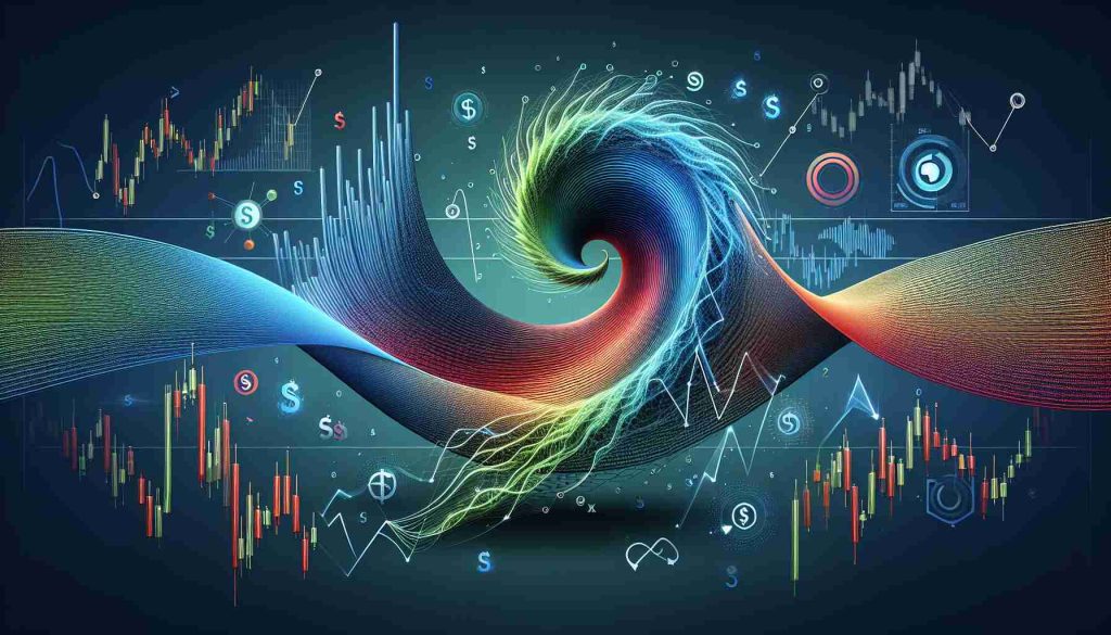 Create a high-definition, realistic photo of an abstract concept showing an unexpected twist in stock market dynamics. A sine wave represents the market trends while a sudden sharp turn signifies the unexpected twist. Include various symbols such as stocks, dollar signs, and graphs. Use shades of blue, green, and red to differentiate between various elements.