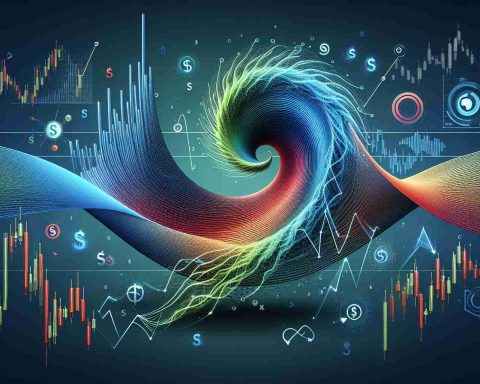 Create a high-definition, realistic photo of an abstract concept showing an unexpected twist in stock market dynamics. A sine wave represents the market trends while a sudden sharp turn signifies the unexpected twist. Include various symbols such as stocks, dollar signs, and graphs. Use shades of blue, green, and red to differentiate between various elements.