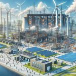 A high-definition image showcasing an illustration of the future of power solutions. The scene unveils a realistic energy company complex with numerous towering wind turbines, sprawling solar fields, and advanced hydroelectric power systems. You can see the well-coordinated network of cable transmission, energy storage systems, and control rooms. People of various descents and genders, from engineers to technicians, are working diligently, giving the scene a paced atmosphere dominated by innovative technology.