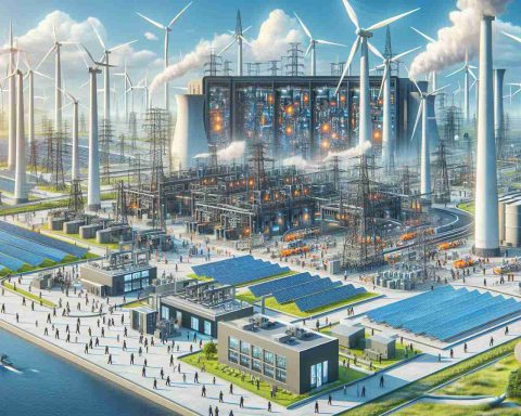 A high-definition image showcasing an illustration of the future of power solutions. The scene unveils a realistic energy company complex with numerous towering wind turbines, sprawling solar fields, and advanced hydroelectric power systems. You can see the well-coordinated network of cable transmission, energy storage systems, and control rooms. People of various descents and genders, from engineers to technicians, are working diligently, giving the scene a paced atmosphere dominated by innovative technology.