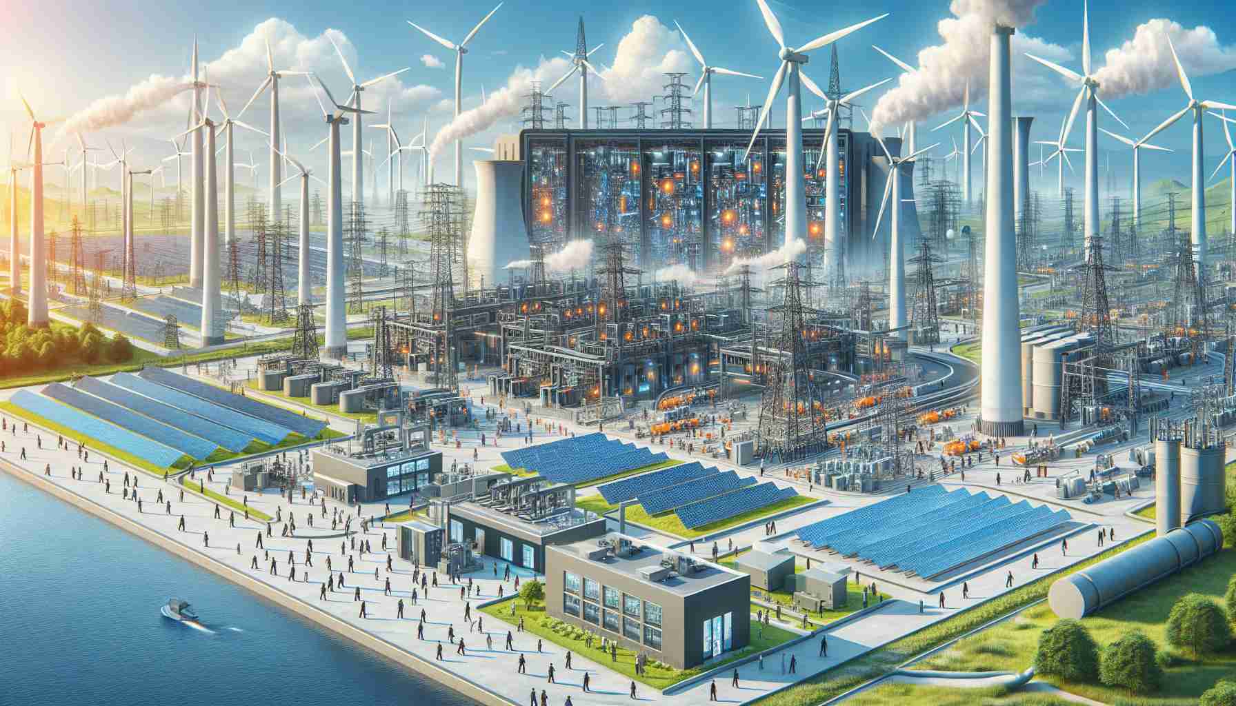 A high-definition image showcasing an illustration of the future of power solutions. The scene unveils a realistic energy company complex with numerous towering wind turbines, sprawling solar fields, and advanced hydroelectric power systems. You can see the well-coordinated network of cable transmission, energy storage systems, and control rooms. People of various descents and genders, from engineers to technicians, are working diligently, giving the scene a paced atmosphere dominated by innovative technology.