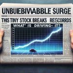 An ultra-high-definition, realistic photography of an imaginary financial newspaper headline that reads: 'Unbelievable Surge: This Tiny Stock Breaks Records – What’s Driving It?' with a line graph chart showing a rapid rise of a small-cap stock.