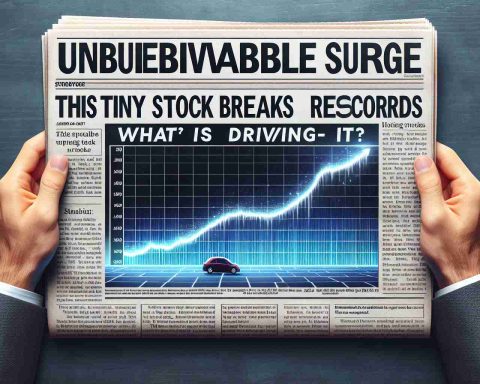 An ultra-high-definition, realistic photography of an imaginary financial newspaper headline that reads: 'Unbelievable Surge: This Tiny Stock Breaks Records – What’s Driving It?' with a line graph chart showing a rapid rise of a small-cap stock.