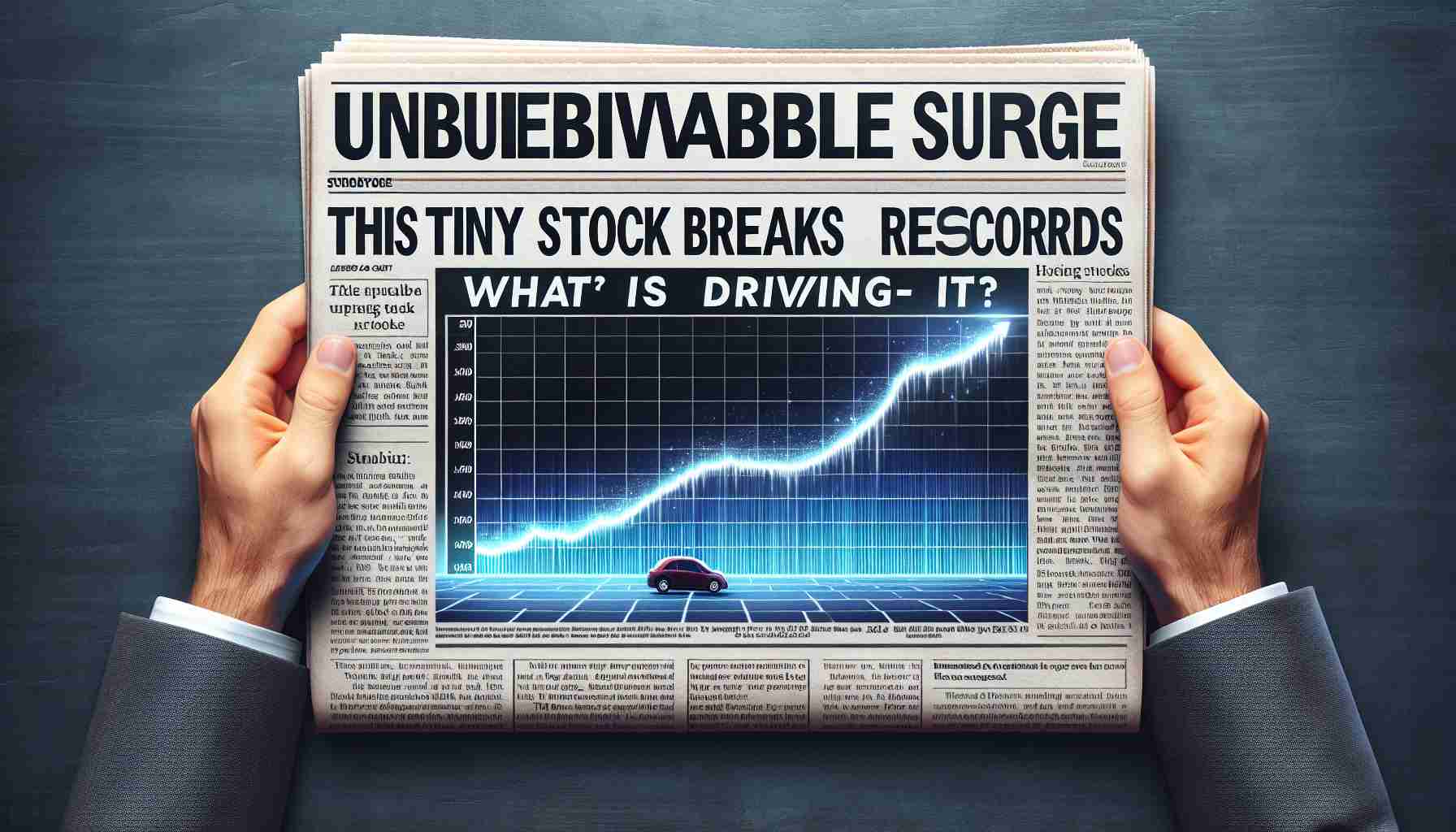 An ultra-high-definition, realistic photography of an imaginary financial newspaper headline that reads: 'Unbelievable Surge: This Tiny Stock Breaks Records – What’s Driving It?' with a line graph chart showing a rapid rise of a small-cap stock.