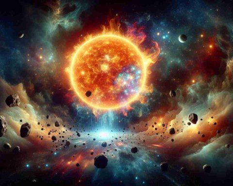 Create a realistic high-definition image that depicts an enormous sun-like star undergoing an unexpected transformation amidst a backdrop of cosmic chaos, symbolizing turmoil within a solar industry analogy. The star should be central in the frame, with cosmic disturbances such as asteroids and nebulae around it, marking the tumultuous environment.